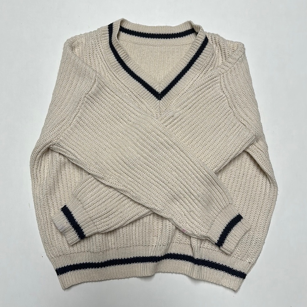Frenchy Striped Trim Drop Shoulder Cricket Sweater